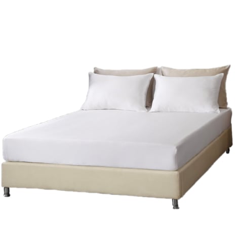 tan colored queen bed with white silk sheets