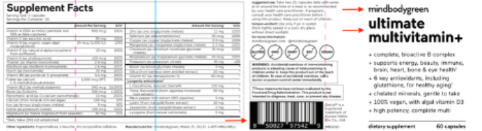Label on Mindbodygreen Ultimate Multivitamin+ Dietary Supplement Bottles showing UPC and lot number location