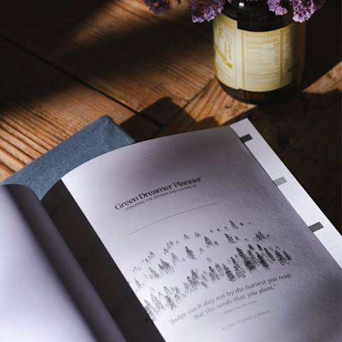 Planner on wooden desk, opened to a page with trees and text