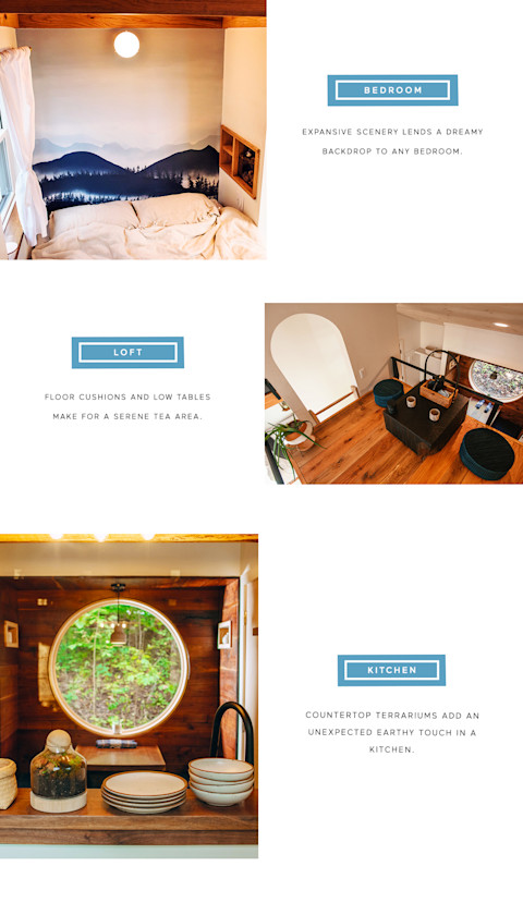 cabin bedroom, tea room, and kitchen