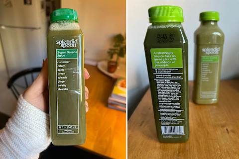 Splendid Spoon juice front and image of nutritional label by tester