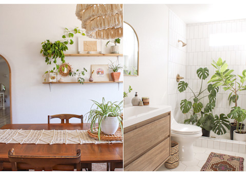 wood dining table with macrame chandelier