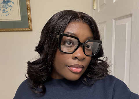 Luvme Hair parting glass wig worn by reviewer with different parts on left and right side of head, plus another image of the back of testers head