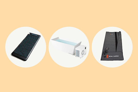 photo of higherdose PEMF mat, plunge cold plunge tub, and bon charge sauna blanket on peach colored background photo of higherdose PEMF mat, plunge cold plunge tub, and bon charge sauna blanket on peach colored background