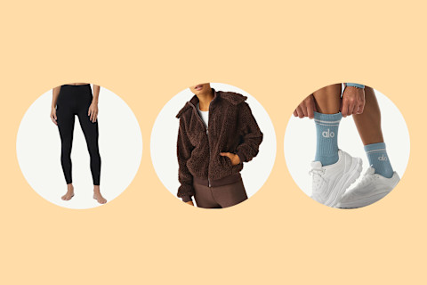 photo of leggings, sherpa jacket, and socks on peach colored background photo of leggings, sherpa jacket, and socks on peach colored background
