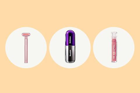 photo of solawave wand, sickscience jaw serum, and tower28 lip jelly on light peach background photo of solawave wand, sickscience jaw serum, and tower28 lip jelly on light peach background