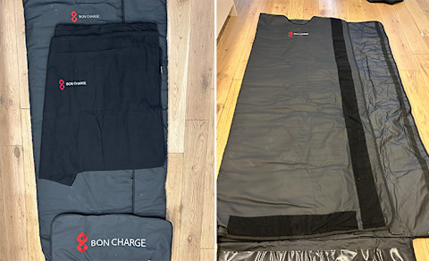 two side by side photos of bon charge sauna blanket opened and unopened
