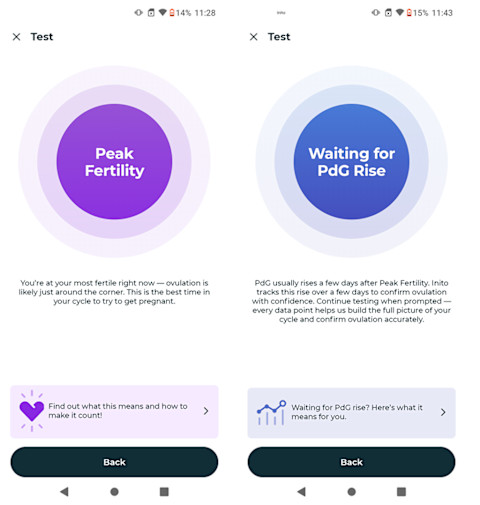 screenshots of peak fertility & waiting for PdG from device