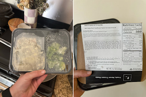 Photo of Factor roasted garlic salmon in packaging next to close-up of nutrition label