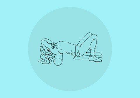 sketch of woman laying horizontally with foam roller elbows together