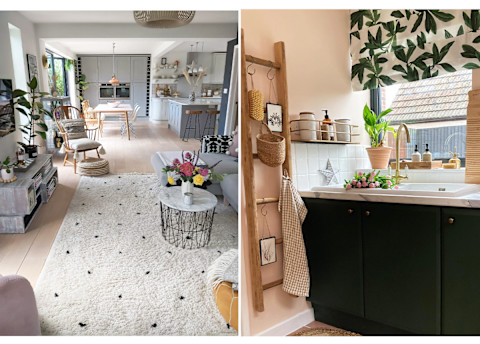 Light living room with light carpet; sunny bathroom with black vanity