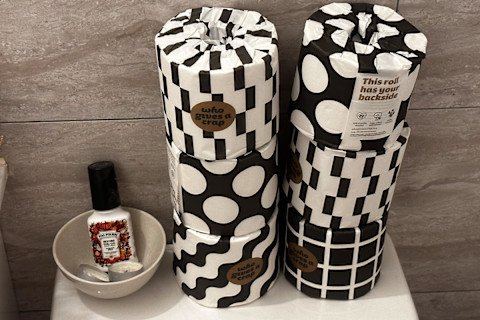 who gives a crap stacked in two rolls of three in bathroom