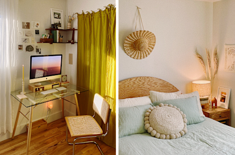 bedroom with bed with blue bedding and a glass desk