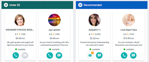 Image of different psychics available on keen