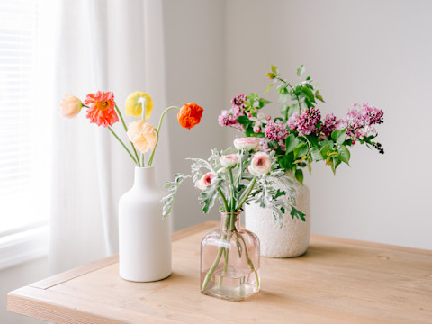 Fresh Spring Flowers in Three Vases On a Table Fresh Spring Flowers in Three Vases On a Table