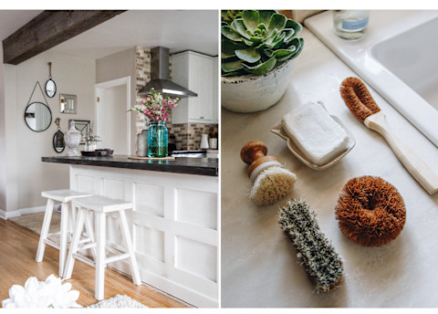 kitchen with white bar chairs