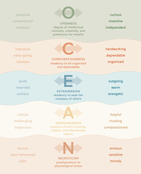 An infographic depicting the Big Five personality traits. An infographic depicting the Big Five personality traits.