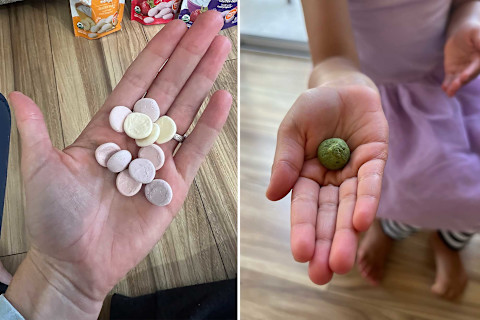 side by side photo of hand holding Happy Baby Yogis (left) and Amara Smoothie Melts (right)