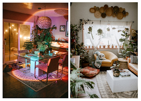 disco kitchen on the left and eclectic living room on the right