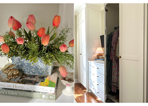 bright floral display and open closet bright floral display and open closet