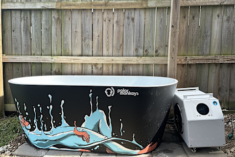Polar Monkeys cold plunge tub empty braindpod 2.0 design with blue monkey on side next to chiller