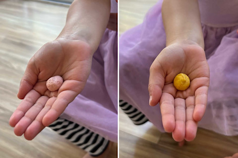 side by side photos of tester's hands holding smoothie melts