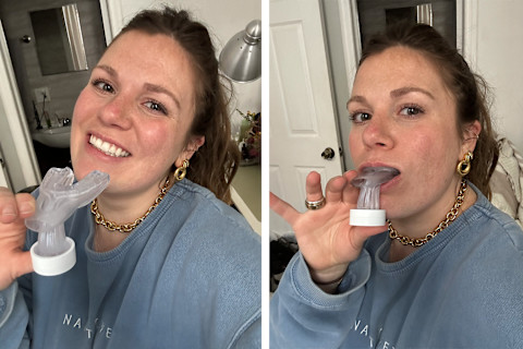 side-by-side of author holding up mouthpiece showing design + how to insert into mouth