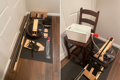 Johnson Fitness WaterRower S4 in two side-by-side images with visuals of pieces deconstructed and the full rower getting filled with water