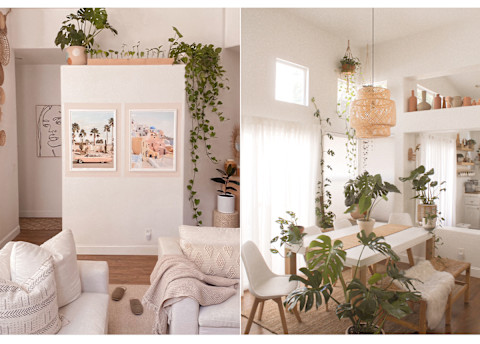 white living room with light wood accents and lots of plants