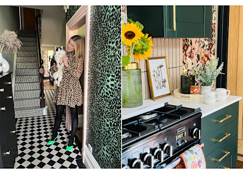 woman standing in doorway to home with cat, next to image of cozy kitchen with green shelving