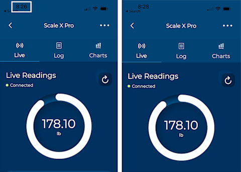 screenshots of weight taken two minutes apart on Oxiline Scale