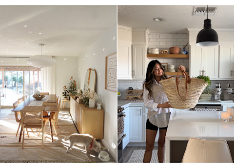 bright living room and woman in her kitchen bright living room and woman in her kitchen