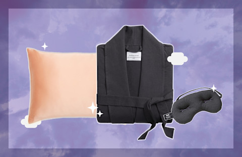pillow, robe, and eye mask on purple background pillow, robe, and eye mask on purple background