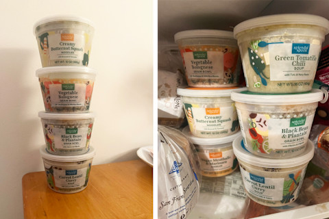 Splendid Spoon soups in stack and freezer