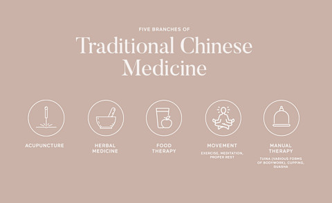 an illustration of the five branches of TCM: acupuncture, herbal medicine, food therapy, movement, and manual therapy. an illustration of the five branches of TCM: acupuncture, herbal medicine, food therapy, movement, and manual therapy.