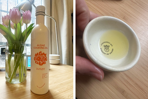 algae cooking oil bottle on desktop next to purple tuplips with a side-by-side of clear oil in a small white bowl
