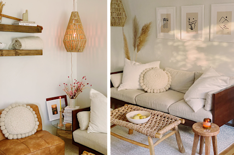living room couch with white pillows and warm accents