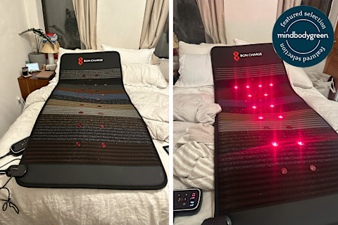 Bon charge infrared mat layed on bed in two side-by-side photos. Left photo has no lights, right has red light
