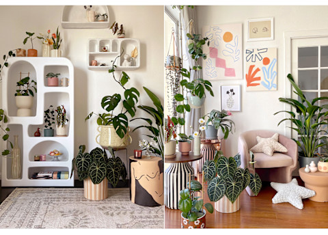 accent wall covered in art and funky shelving accent wall covered in art and funky shelving
