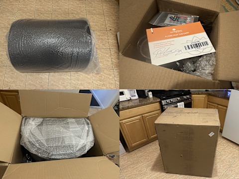 four photos of sunlighten in box, open boxed, unwrapped, and accessories