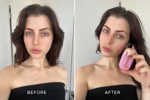 Before and after shots (left and right) after applying the kosas dreambeam on bare skin with product held by tester in second image