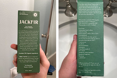 jackfir classic shaving cream box side-by-side with front of box and back of box showing ingredients the brand doesn't use