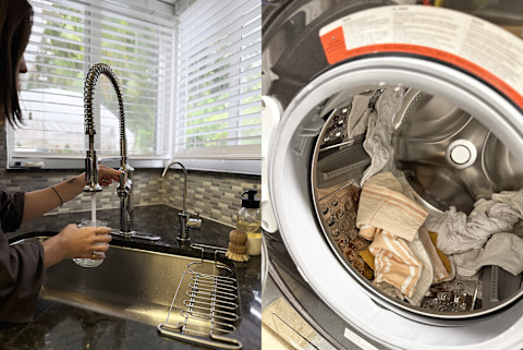 Woman pouring water in sink and fresh laundry