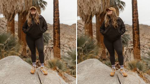 Timberland GreenStride Motion 6 Low Lace-Up Hiker on feet in front of 49 Palms Joshua Tree