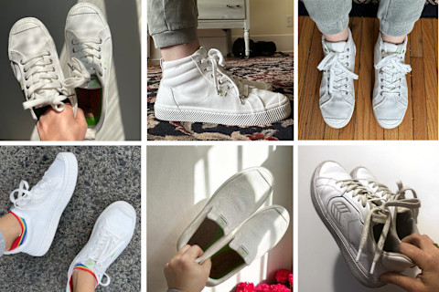 Cariuma Review Testing Every Style with six pairs of shoes on feet or held up by hands against wall in squares