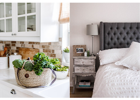 bed next to rustic grey side table
