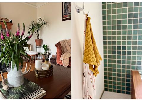 green tiled bathroom and colorful flowers on living room table green tiled bathroom and colorful flowers on living room table