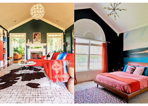 living room with multiple rugs and a bright red couch living room with multiple rugs and a bright red couch