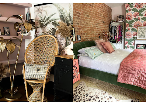 photo of wicker chair in tropical living room next to photo of bedroom with pink accents