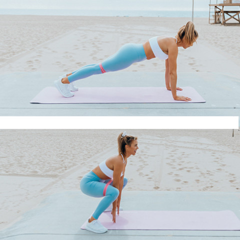 Plank To Squat With a Resistance Band Plank To Squat With a Resistance Band